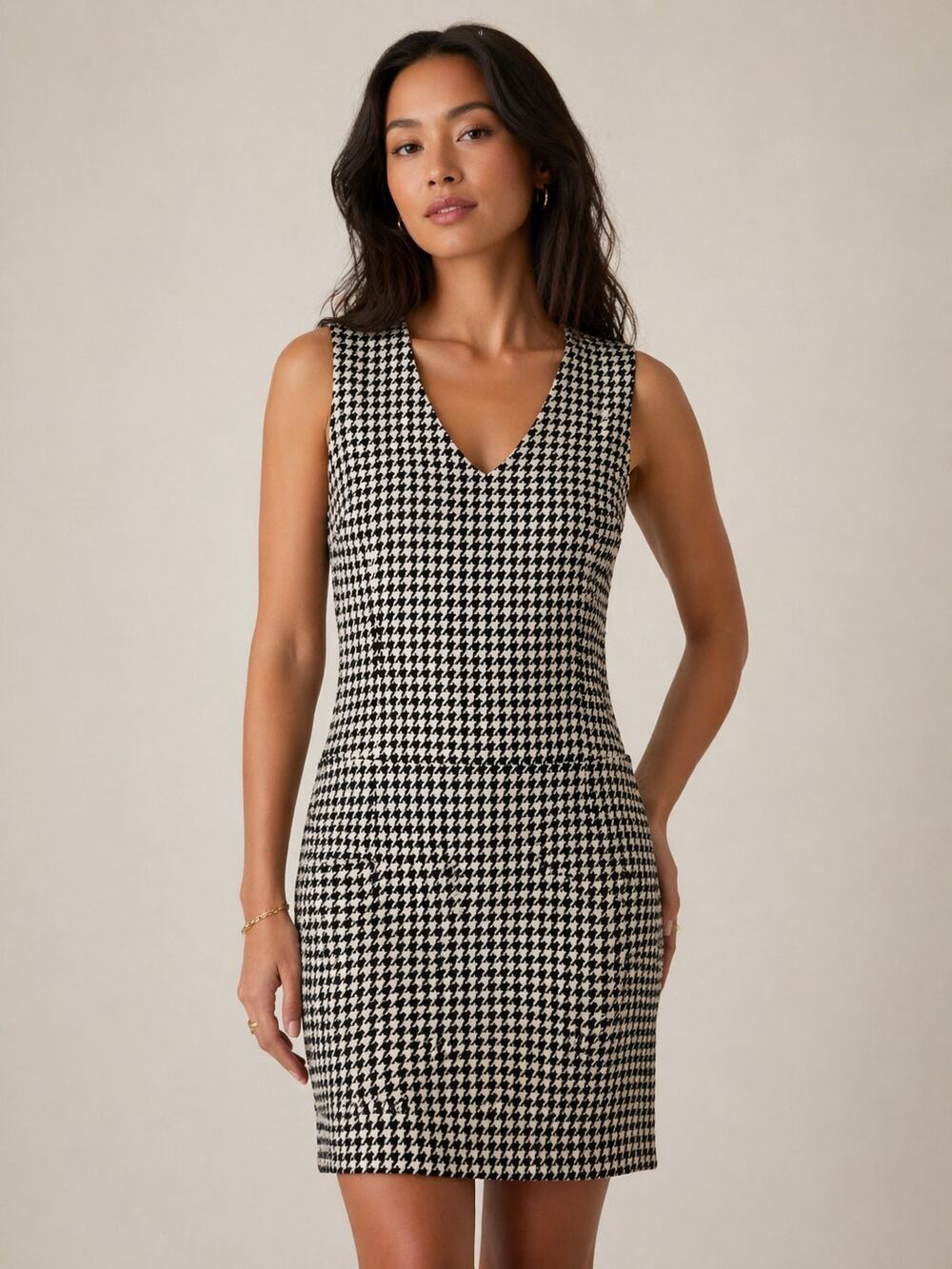 Eddie Bauer Wool‎ Blend Houndstooth Black Cream Sleeveless Dress M Classic Chic